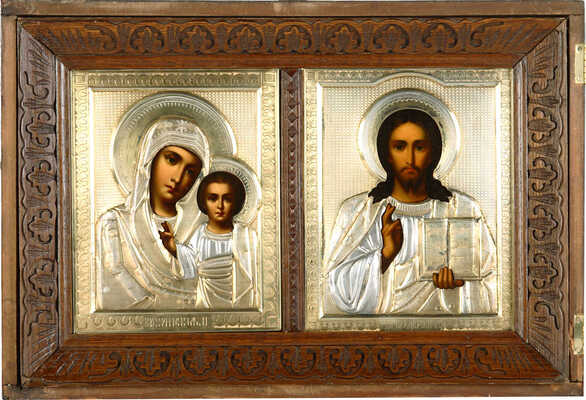 Иконы «Венчальная пара» (Богородица «Казанская» и Господь Вседержитель в серебряных окладах)